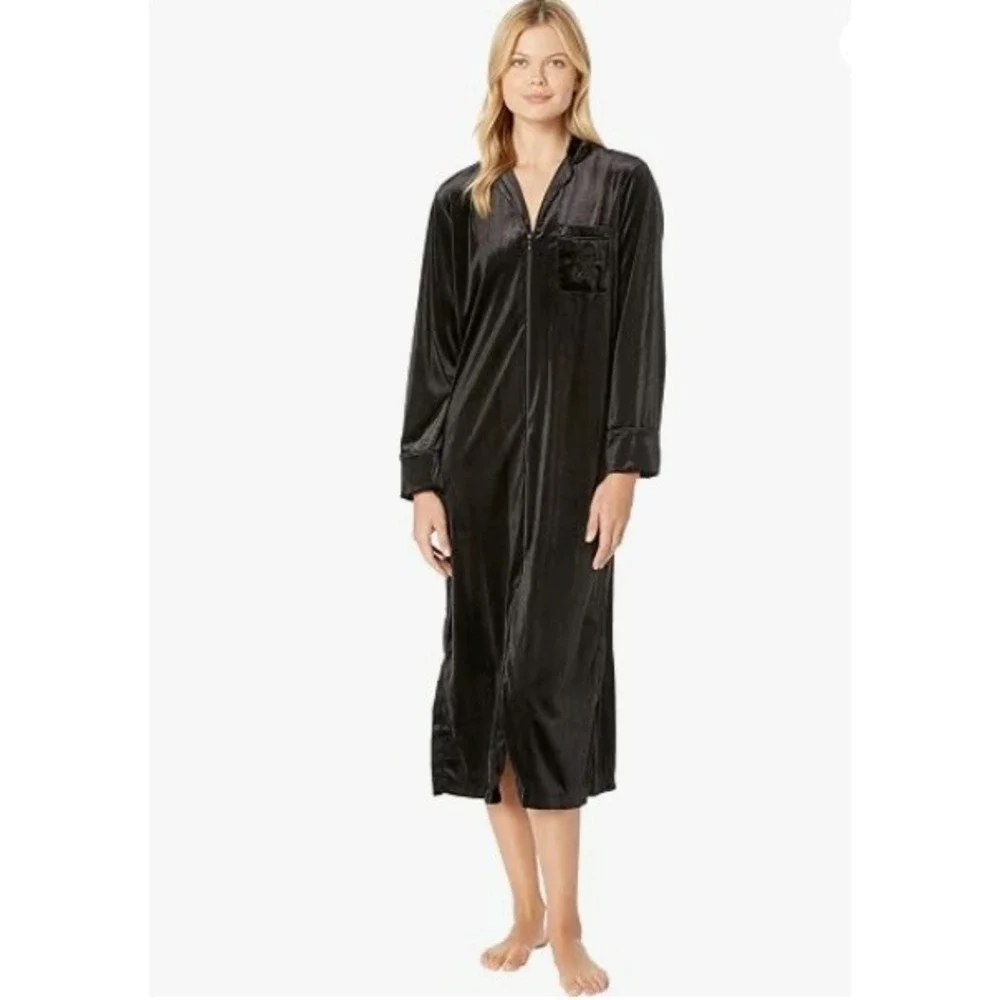 Lauren Ralph Lauren Black Velvet Zip Front Robe Caftan Long Sleeve Crest Logo L